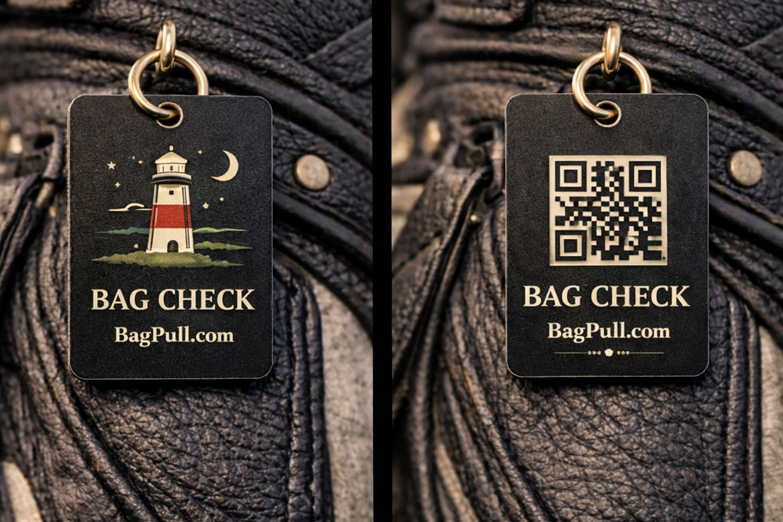 BagPull bag tags — front with lighthouse logo and back with QR code, attached to a golf bag